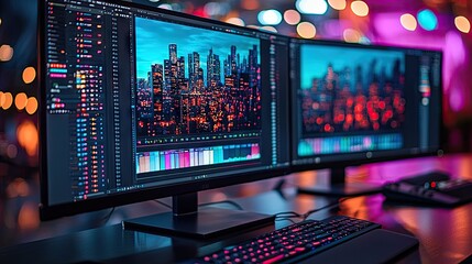 Creative Workspace with Dual Monitors Showcasing Vibrant Design Palettes for Graphic Projects