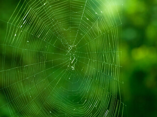 Close-up of a spider web with dewdrops against a green blurred background. Concept of nature,...