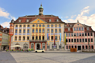 Historisches Rathaus am Marktplatz in der Altstadt in Coburg, Bayern, Deutschland