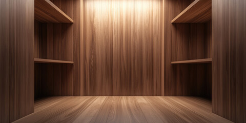 Fototapeta premium Empty dressing room closet with empty shelves. Banner concept for custom cabinet furniture production