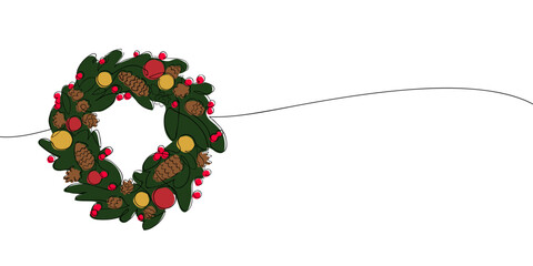 A single line drawing of a Christmas wreath with toys. Continuous line Christmas cards icon in color. One line icon. Vector illustration.