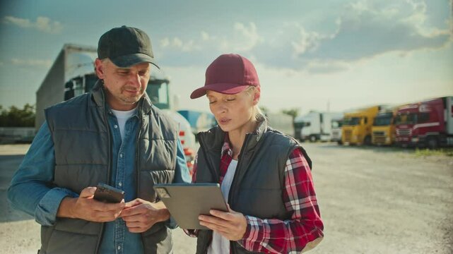 Front camera view of cute Caucasian couple working together in delivery company. Deciding on route to destination. Looking at map on tablet device. Talking while making decision. Modern technology.