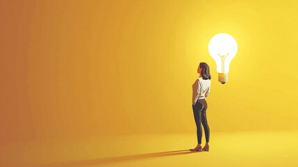 Young woman looking at big light bulb idea concept on yellow background