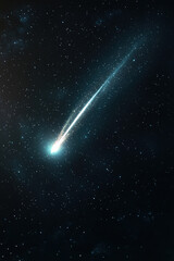 Bright comet flying through space with stars background