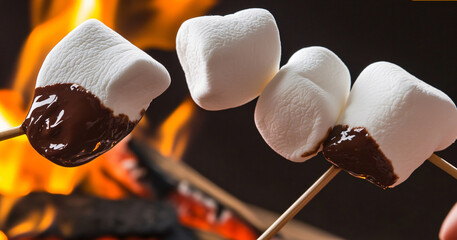 A starlit camping scene where a couple toasts marshmallows dipped in chocolate, with a glowing firepit nearby, selective focus on foreground, copy space for text, ultra HD, 