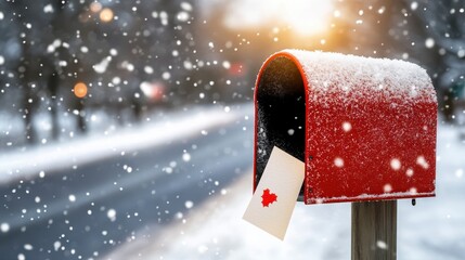 Christmas card in snowy mailbox on winter day