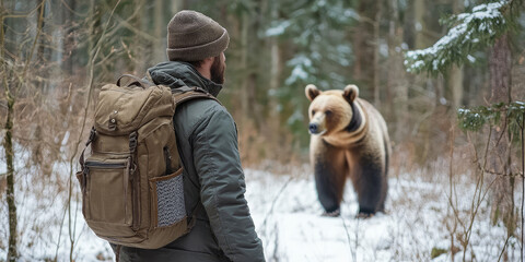 Man tourist with a backpack in the winter forest look on a wild bear. Danger of wild animals on a hike