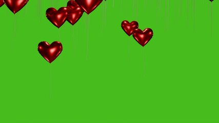 Heart-shaped balloons floating up on the greenscreen. Love symbols for Valentines. Greenscreen transition.