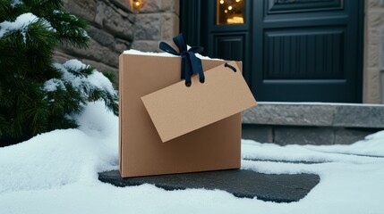 gift box on snowy doorstep with blank tag