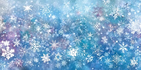 whimsical watercolor illustration style, highly detailed image of 100 snowflakes in various sizes and designs scattered all over the design, 4k resolution