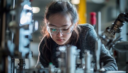 A female industrial worker, fully engaged with complex manufacturing equipment, symbolizing the fusion of technology and hands-on innovation in a factory setting.
