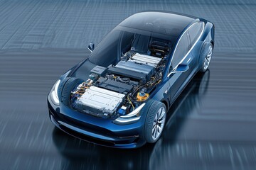 Electric car battery technology showcasing battery cell modules on a platform for sustainable energy solutions