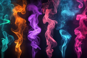 Obraz premium Colorful tubes and smoke on black background, chemistry tubes, liquids, abstract smoky background
