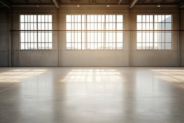 Open and empty factory interior with large windows letting in natural light at sunset