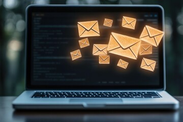 Email marketing strategy with notification alerts and direct seller project concept on laptop display