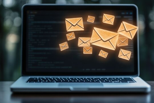 Email marketing strategy with notification alerts and direct seller project concept on laptop display