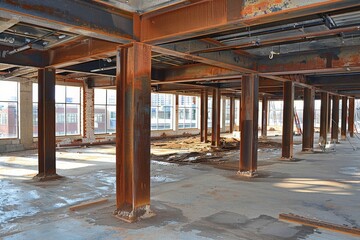 Fototapeta premium Installation of a steel or reinforced concrete structural framework for construction projects