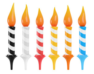 Cartoon colorful burning birthday candles set. 3D rendered set.