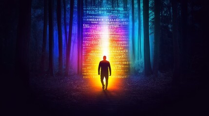 Mystical figure walks towards glowing words in a forest