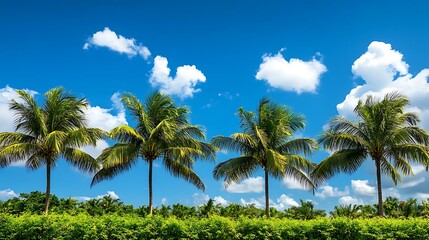 Fototapeta premium Five coconut palm trees stand in a row against a vibrant blue sky with fluffy white clouds. Lush green foliage forms a backdrop.