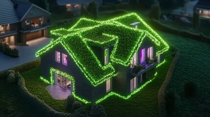 Illuminated house with neon green foliage at night