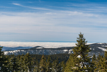 View from hiking trail bellow Praded hill in winter Jeseniky mountains