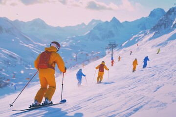 Skiers in bright suits on the ski slope