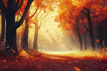 A vibrant autumn forest filled with rich hues of red and orange foliage.