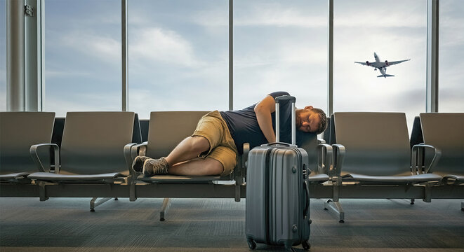 passenger of the aircraft tired and sleep on the chair in the transit hal of the airport terminal, waiting for the next schedule of the airplane
