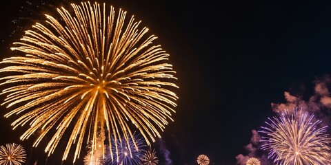 Bright Yellow Fireworks in Night Sky
