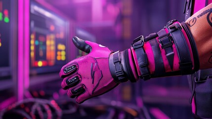 Futuristic purple cybernetic gloves in a high-tech setting