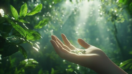 A hand is shown in a lush green forest, with sunlight shining through the leaves. Concept of peace and tranquility, as if the hand is reaching out to embrace the beauty of nature