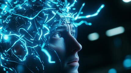 Futuristic cyborg head with glowing neural connections