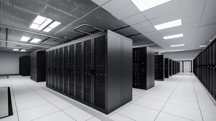 A modern data center with servers in focus, rendered in 3D to showcase the heart of digital technology.
