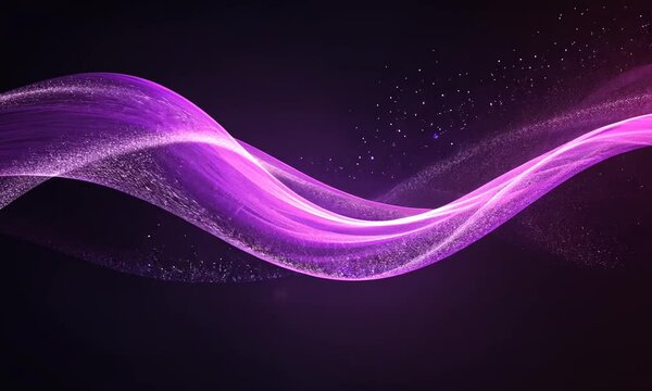 Abstract purple wave with sparkling particles on dark background.