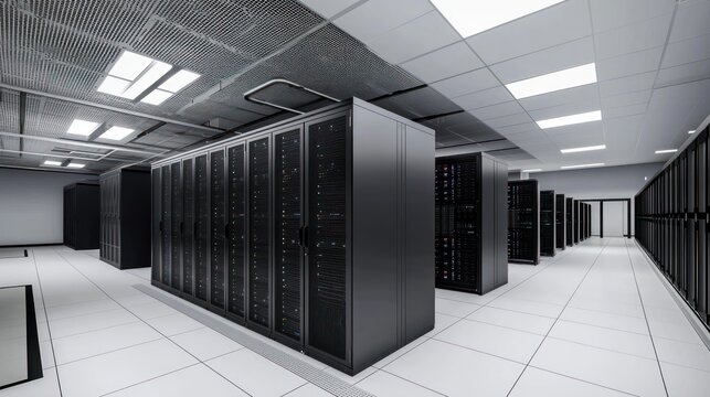 A modern data center with servers in focus, rendered in 3D to showcase the heart of digital technology.