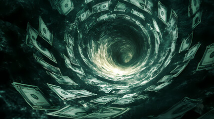 A spiral of money swirling downwards into darkness, with space for text at the top, representing the loss of value in volatile markets. Spiral. Illustration