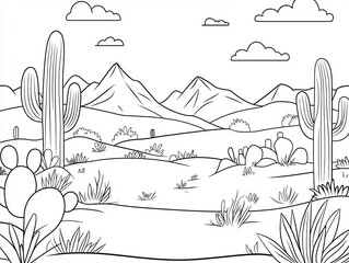 Tranquil Desert Landscape with Cacti and Rolling Mountains in the Background