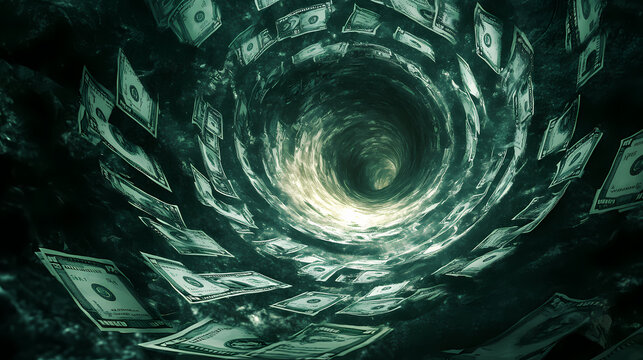 A spiral of money swirling downwards into darkness, with space for text at the top, representing the loss of value in volatile markets. Spiral. Illustration