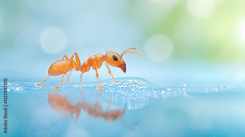 Sticker A close-up of an ant carrying a droplet of water on a smooth surface with a blurred green and blue background