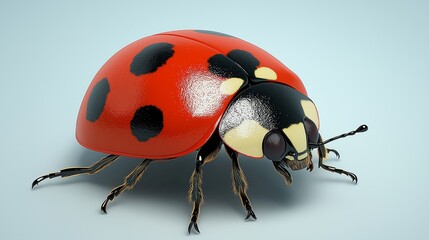 Naklejka premium A close-up macro shot of a shiny ladybug with distinct red and black markings on a soft blue background