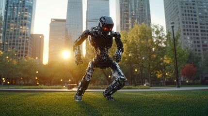Futuristic robot in urban park at sunset