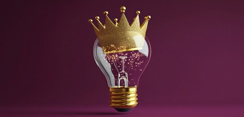 Golden crown sparkling inside a light bulb, representing power and ideas, on a royal purple background.