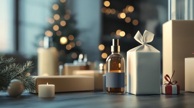 Festive holiday scene with perfume bottle and wrapped gifts