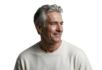 Obraz premium Caucasian mature man smiling. Man in tshirt isolated on white. Handsome mature man with hair. Stylish male. Men casual style. Portrait of handsome guy in menswear. Stylish menswear fashion