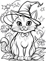 Obraz premium Adorable Cartoon Cat in Witch Hat Surrounded by Magical Elements