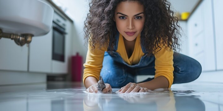 A diverse female plumber kneels on a kitchen floor, using a wrench to fix a leak while surrounded by modern appliances