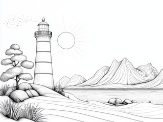 Serene Coastal Landscape with a Lighthouse and Majestic Mountains