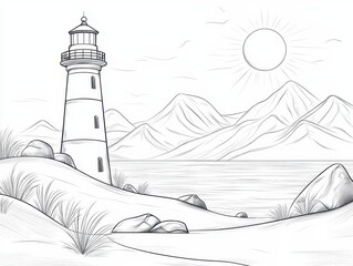 Serene Coastal Landscape Featuring a Lighthouse Amidst Majestic Mountains
