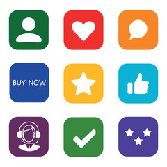 Icon set showcasing social network functions including user profile, interactions, and purchase options in a colorful layout. Coloured icons cut with a transparent middle.